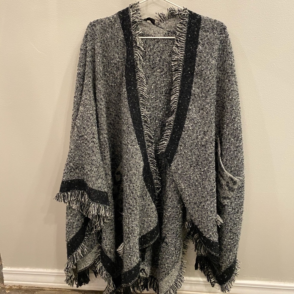 SALE Grey & Black Fringe Poncho